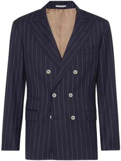 Brunello Cucinelli Pinstripe-print Double-breasted Blazer In Blue