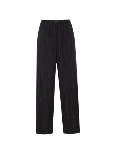 Brunello Cucinelli Pinstripe Trousers With Sequins And Elasticated Waist In Black