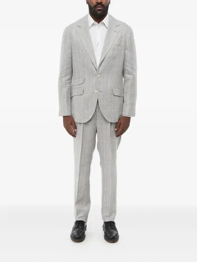 Brunello Cucinelli Multipocketed Pinstriped Linen Blend Suit In Gray