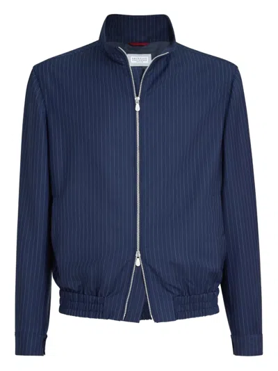 Brunello Cucinelli Pinstripe Stand-collar Jacket In Blue