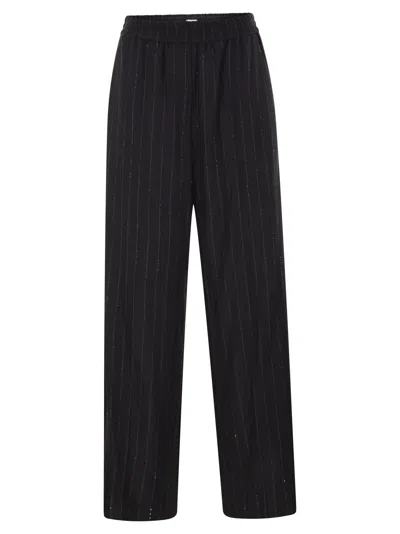 Brunello Cucinelli Pinstripe Trousers With Sequins And Elasticated Waist In Black