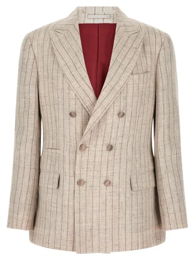 Brunello Cucinelli Pinstripe Twill Blazer Double Breasted Design In White