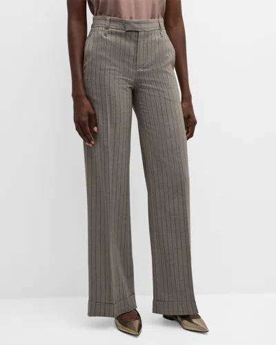 Brunello Cucinelli Pinstripe Wool Wide Flared Pants With Cuffs In C001 Taupe Tabacco