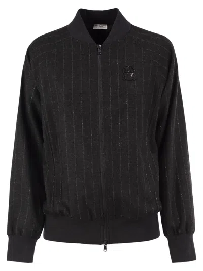 Brunello Cucinelli Pinstripe Wool-blend Bomber Jacket With Shimmering Details In Black