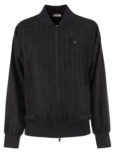 Brunello Cucinelli Pinstripe Wool-blend Bomber Jacket With Shimmering Details In Black