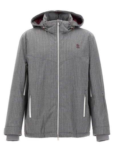 Brunello Cucinelli Pinstriped Bomber Jacket Casual Jackets, Parka In Grey