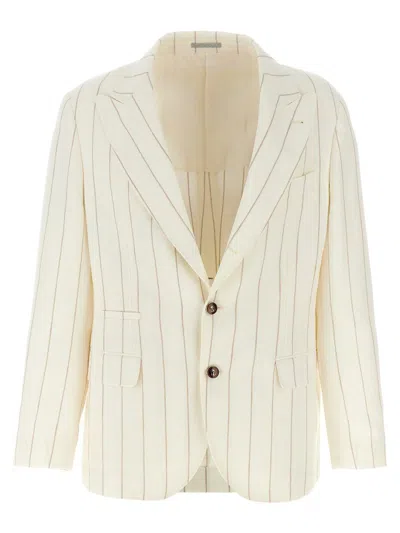 Brunello Cucinelli Pinstriped Deconstructed Blazer Beige