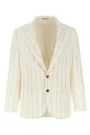 Brunello Cucinelli Pinstriped Deconstructed Blazer Beige