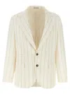 Brunello Cucinelli Pinstriped Deconstructed Blazer Beige