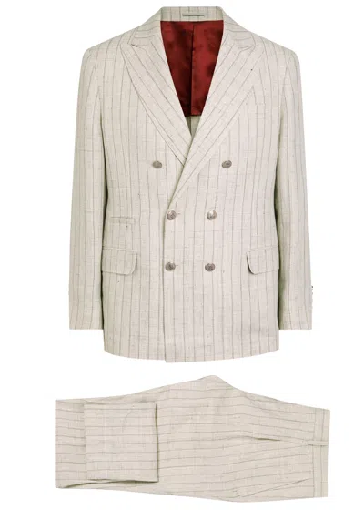 Brunello Cucinelli Pinstriped Double-breasted Linen Suit In Gray