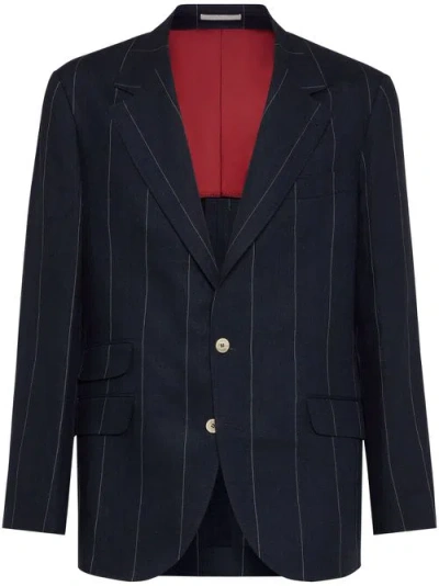 Brunello Cucinelli Pinstriped Linen Blazer In Blue