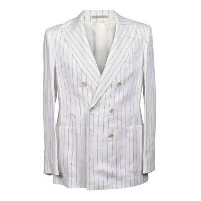 Brunello Cucinelli Pinstriped Linen Double-breasted Blazer In White