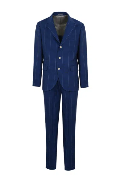 Brunello Cucinelli Pinstriped Linen Suit In Indaco