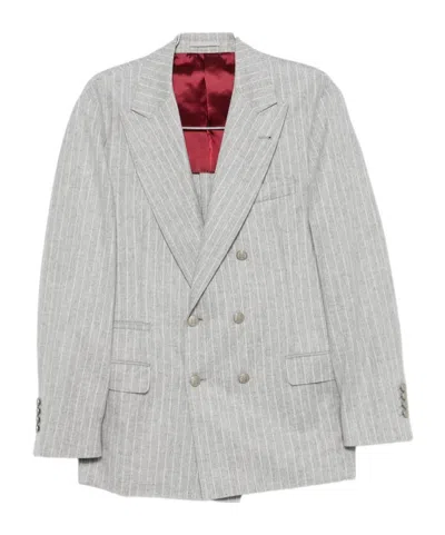 Brunello Cucinelli Pinstripe-pattern Double-breasted Blazer In Gray