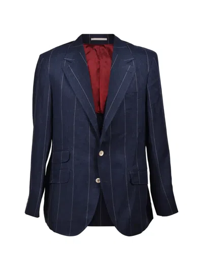 Brunello Cucinelli Pinstripe-pattern Peak-lapel Suit In Blue