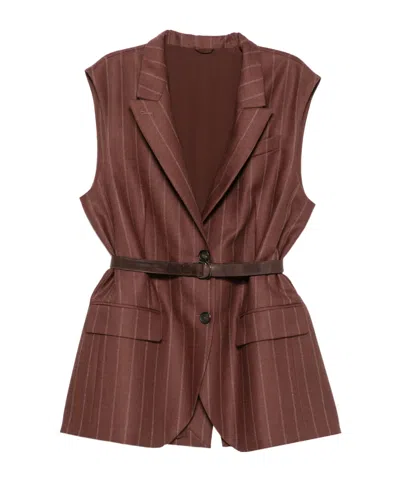 Brunello Cucinelli Pinstripe-pattern Sleeveless Vest In Brown