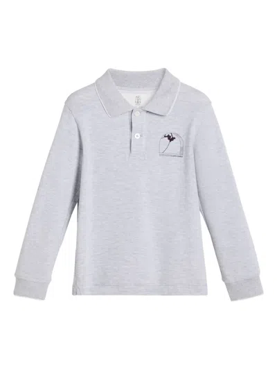 Brunello Cucinelli Kids' 长袖珠地布polo衫 In Gray