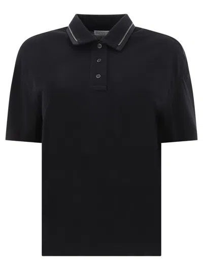 Brunello Cucinelli Piquet Polo Shirt With Monili In Black