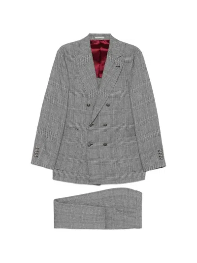 Brunello Cucinelli Prince Of Wales Double-breasted Suit In Black