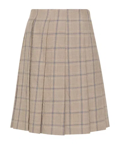 Brunello Cucinelli Plaid Linen-wool Pleated Skirt In Brown