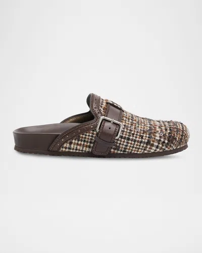 Brunello Cucinelli Plaid Sequined Wool And Leather Buckle Clogs In Brown