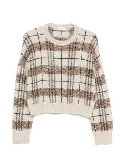 Brunello Cucinelli Plaid-pattern Sequin-embellishment Sweater In Neutral