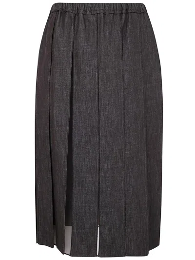 Brunello Cucinelli Plated Denim Midi Skirt Clothing In Brown
