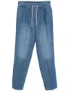 Brunello Cucinelli Men Cotton And Linen Denim Leisure Fit Pants With Drawstring And Double Pleats In Blue