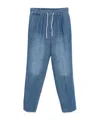 Brunello Cucinelli Men Cotton And Linen Denim Leisure Fit Pants With Drawstring And Double Pleats In Blue