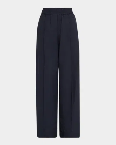 Brunello Cucinelli Pleated Crispy Diagonal Cotton Wide-leg Pull-on Pants In C3139 Blu