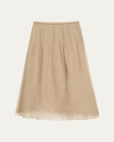 Brunello Cucinelli Pleated Crispy Silk Organza Midi Skirt With Monili Trim In Brown