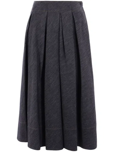 Brunello Cucinelli Pleated Denim Midi Skirt In Blau