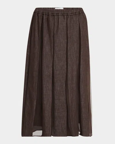 Brunello Cucinelli Pleated Denim Midi Skirt With Organza Panels In Brown