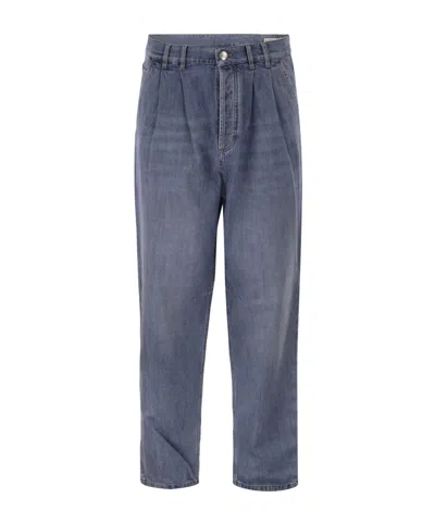 Brunello Cucinelli Men Baggy Jeans In Cotton Denim With Double Pleats In Blue