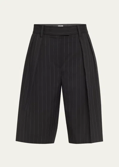 Brunello Cucinelli Pleated Pinstripe Wool Bermuda Shorts In C001 Black And Be