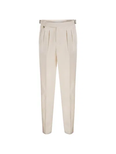 Brunello Cucinelli Tailored Cotton Trousers With Pleats And Side Adjusters In Neutral