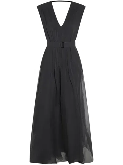 Brunello Cucinelli Pleated Silk Maxi Dress In Black
