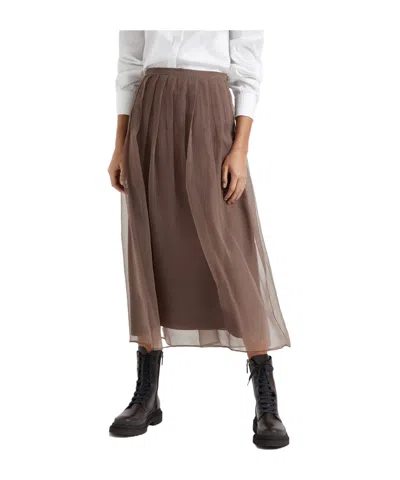 Brunello Cucinelli Pleated Silk Midi Skirt In Brown