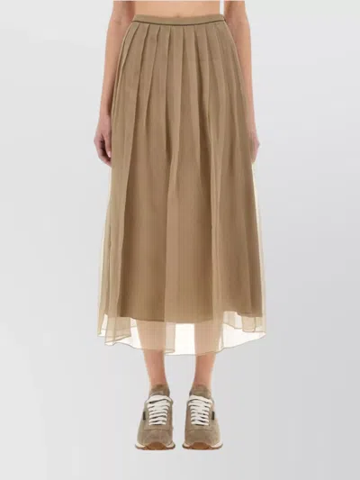 Brunello Cucinelli Pleated Silk Midi Skirt With Sheer Overlay In Beige