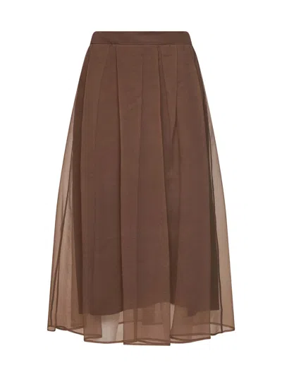 Brunello Cucinelli Pleated Silk Skirt In Brown