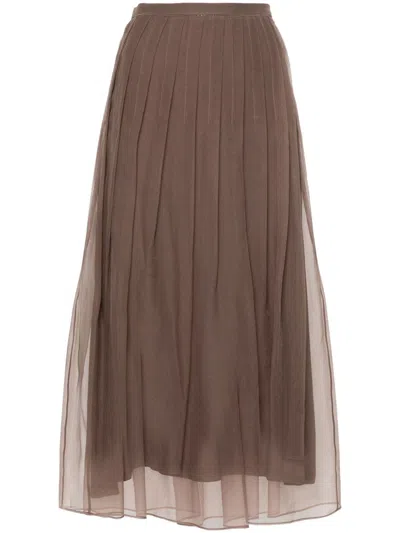 Brunello Cucinelli Pleated Silk Organza Midi Skirt In Brown