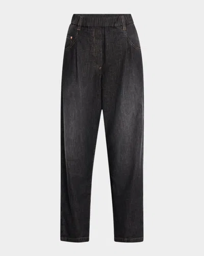 Brunello Cucinelli Pleated Tapered-leg Crop Pull-on Pants In C8972 Black Vintage