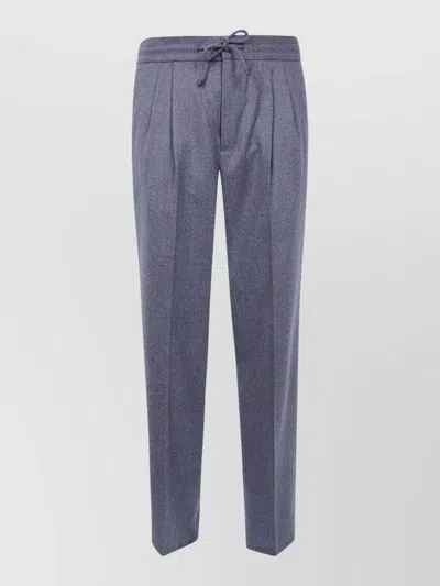 Brunello Cucinelli Wool Flannel Leisure Fit Trousers With Drawstring And Double Pleats In Blue