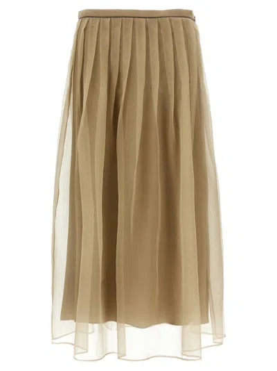 Brunello Cucinelli Pleated Tulle Midi Skirt In Green