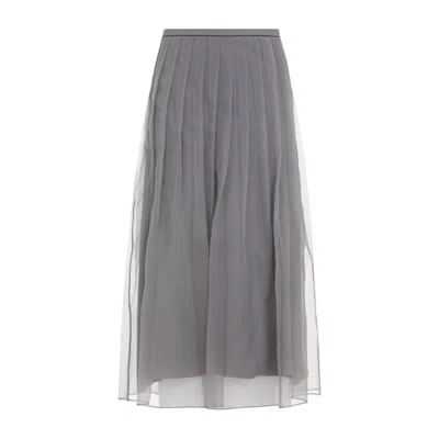 Brunello Cucinelli Pleated Tulle Midi Skirt In Grey