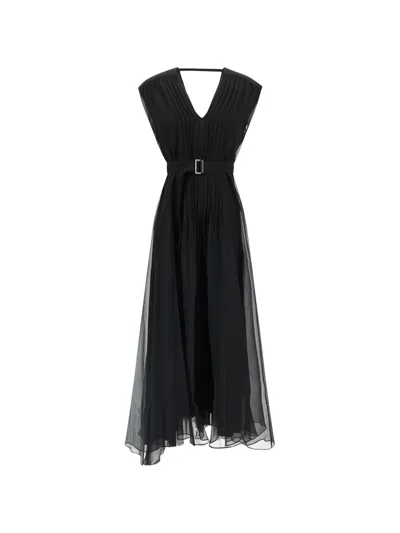 Brunello Cucinelli Pleated V-neck Silk Maxi Dress In Black