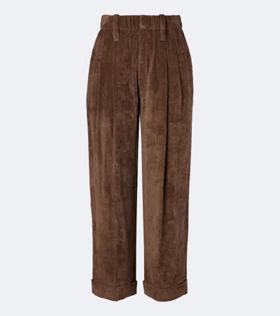 Brunello Cucinelli Pleated Velvet Straight Pants In Brown