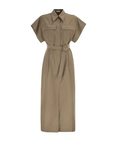 Brunello Cucinelli Women Chemise Dress In Technical Cotton And Nylon Poplin With Belt In Brown