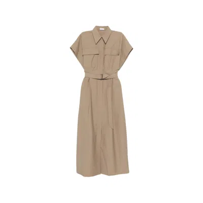 Brunello Cucinelli Pocket Belted Midi Dress In Brown