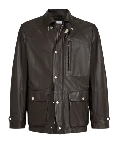 Brunello Cucinelli Pocket Calf Leather Jacket In Purple